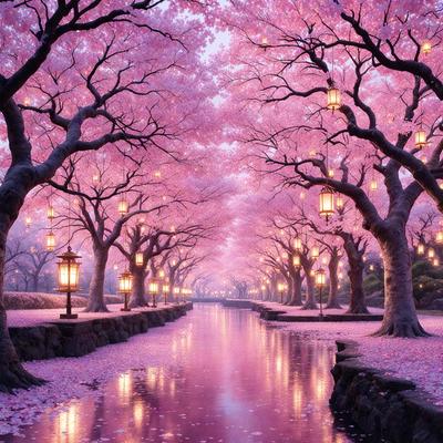 The primary subject of the image is a beautiful pink cherry blossom tree lined with lights. The tree is surrounded by a serene environment, with a body of water nearby. The setting appears to be a park or a similar outdoor space. The visual style of the image is a combination of photo and digital art, creating a stunning and vibrant scene. The dominant colors in the image are pink and purple, giving the scene a romantic and enchanting atmosphere.